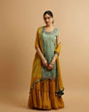 Sea Green Mustard Yellow Buta Patterned Stitched Suit